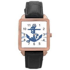 Blue Anchor,  Aquarel Painting Art Rose Gold Leather Watch 