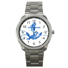 Anchor Aquarel Painting Art, Soft Blue Sport Metal Watch