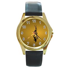 Flame Black, Golden Background Round Gold Metal Watch