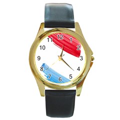 Tricolor Banner Watercolor Painting, Red Blue White Round Gold Metal Watch by picsaspassion