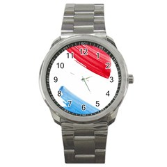 Tricolor Banner Watercolor Painting, Red Blue White Sport Metal Watch