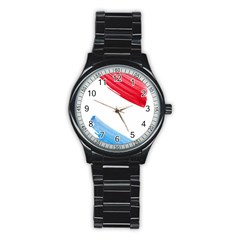 Tricolor Banner Watercolor Painting, Red Blue White Stainless Steel Round Watch by picsaspassion