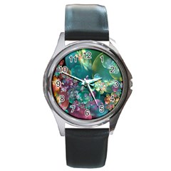 Butterflies, Bubbles, And Flowers Round Metal Watch by WolfepawFractals