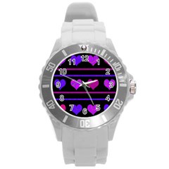 Purple and magenta harts pattern Round Plastic Sport Watch (L)