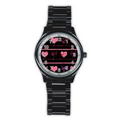 Pink Elegant Harts Pattern Stainless Steel Round Watch by Valentinaart