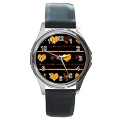 Yellow Harts Pattern Round Metal Watch by Valentinaart