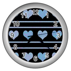 Blue Harts Pattern Wall Clocks (silver)  by Valentinaart