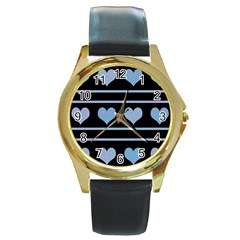 Blue Harts Pattern Round Gold Metal Watch by Valentinaart