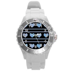 Blue Harts Pattern Round Plastic Sport Watch (l)