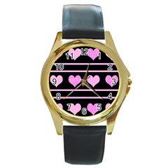 Pink Harts Pattern Round Gold Metal Watch