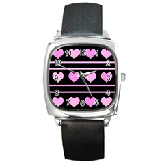 Pink Harts Pattern Square Metal Watch