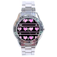 Pink Harts Pattern Stainless Steel Analogue Watch by Valentinaart