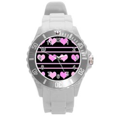 Pink Harts Pattern Round Plastic Sport Watch (l) by Valentinaart