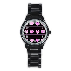 Pink Harts Pattern Stainless Steel Round Watch by Valentinaart