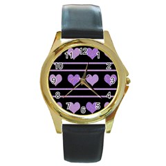 Purple Harts Pattern Round Gold Metal Watch by Valentinaart