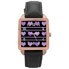 Purple Harts Pattern Rose Gold Leather Watch 