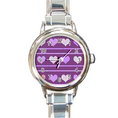 Purple Harts Pattern 2 Round Italian Charm Watch by Valentinaart