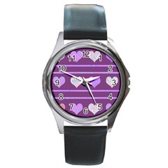 Purple Harts Pattern 2 Round Metal Watch by Valentinaart