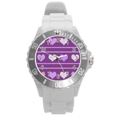 Purple Harts Pattern 2 Round Plastic Sport Watch (l) by Valentinaart