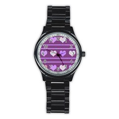 Purple Harts Pattern 2 Stainless Steel Round Watch by Valentinaart