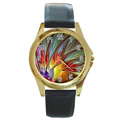 Fractal Bird Of Paradise Round Gold Metal Watch by WolfepawFractals