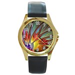 Fractal Bird of Paradise Round Gold Metal Watch Front