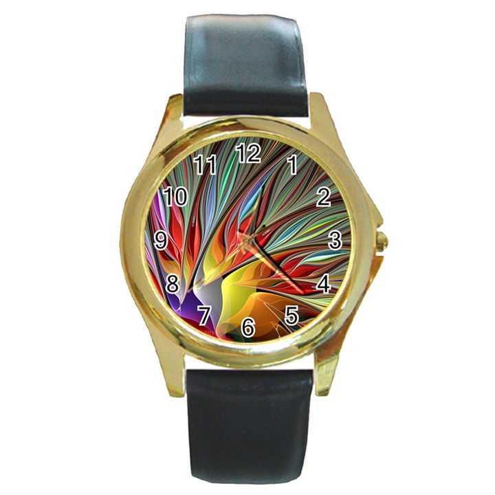 Fractal Bird of Paradise Round Gold Metal Watch