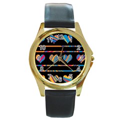 Colorful Harts Pattern Round Gold Metal Watch by Valentinaart