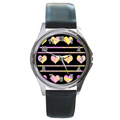 Pink And Yellow Harts Pattern Round Metal Watch by Valentinaart