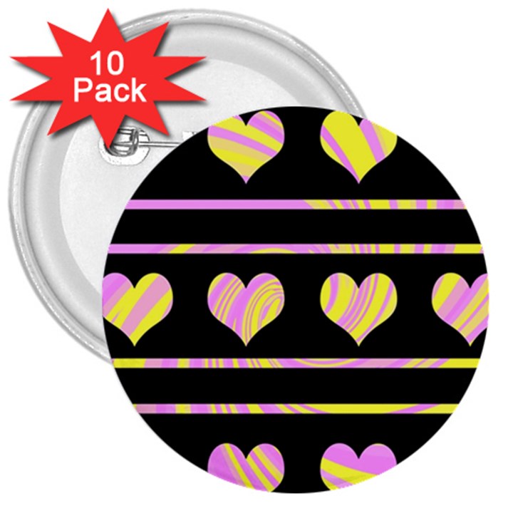 Pink and yellow harts pattern 3  Buttons (10 pack) 