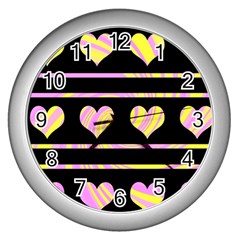 Pink And Yellow Harts Pattern Wall Clocks (silver)  by Valentinaart