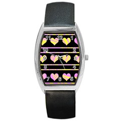 Pink And Yellow Harts Pattern Barrel Style Metal Watch by Valentinaart