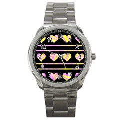 Pink And Yellow Harts Pattern Sport Metal Watch