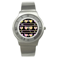 Pink And Yellow Harts Pattern Stainless Steel Watch by Valentinaart