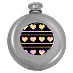 Pink And Yellow Harts Pattern Round Hip Flask (5 Oz) by Valentinaart