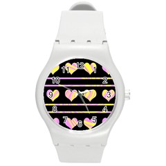 Pink And Yellow Harts Pattern Round Plastic Sport Watch (m) by Valentinaart