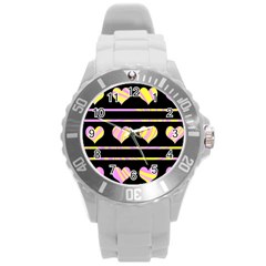 Pink And Yellow Harts Pattern Round Plastic Sport Watch (l) by Valentinaart