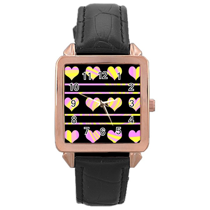 Pink and yellow harts pattern Rose Gold Leather Watch 