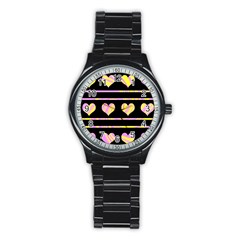 Pink And Yellow Harts Pattern Stainless Steel Round Watch by Valentinaart