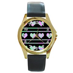 Pastel Harts Pattern Round Gold Metal Watch