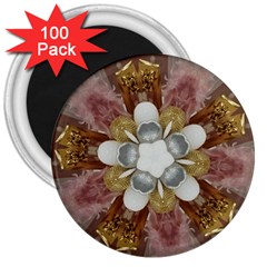 Elegant Antique Pink Kaleidoscope Flower Gold Chic Stylish Classic Design 3  Magnets (100 pack)