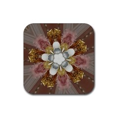 Elegant Antique Pink Kaleidoscope Flower Gold Chic Stylish Classic Design Rubber Coaster (square)  by yoursparklingshop