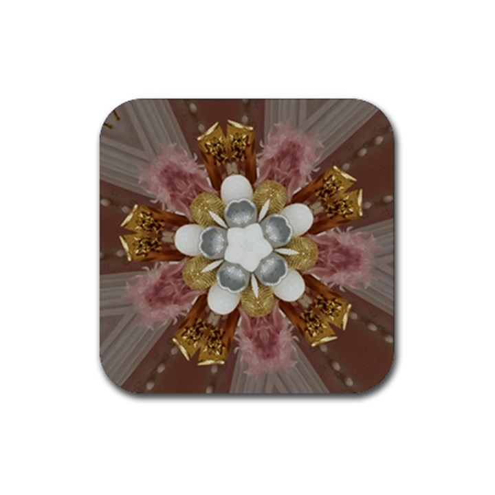 Elegant Antique Pink Kaleidoscope Flower Gold Chic Stylish Classic Design Rubber Coaster (Square) 