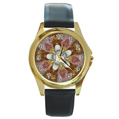 Elegant Antique Pink Kaleidoscope Flower Gold Chic Stylish Classic Design Round Gold Metal Watch by yoursparklingshop