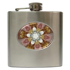 Elegant Antique Pink Kaleidoscope Flower Gold Chic Stylish Classic Design Hip Flask (6 Oz) by yoursparklingshop