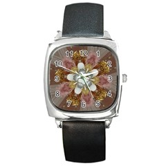 Elegant Antique Pink Kaleidoscope Flower Gold Chic Stylish Classic Design Square Metal Watch by yoursparklingshop