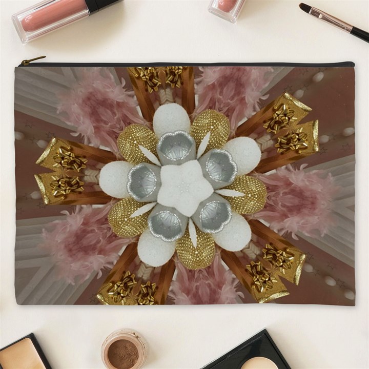 Elegant Antique Pink Kaleidoscope Flower Gold Chic Stylish Classic Design Cosmetic Bag (XXXL) 