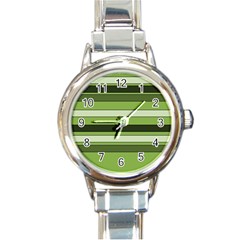 Greenery Stripes Pattern Horizontal Stripe Shades Of Spring Green Round Italian Charm Watch by yoursparklingshop