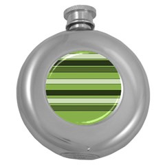 Greenery Stripes Pattern Horizontal Stripe Shades Of Spring Green Round Hip Flask (5 Oz) by yoursparklingshop