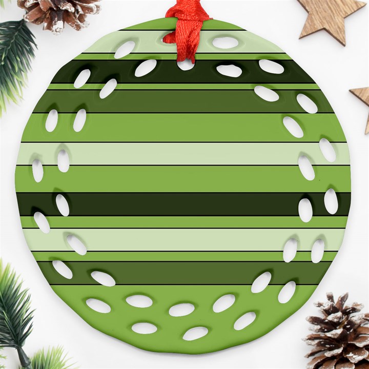 Greenery Stripes Pattern Horizontal Stripe Shades Of Spring Green Ornament (Round Filigree) 